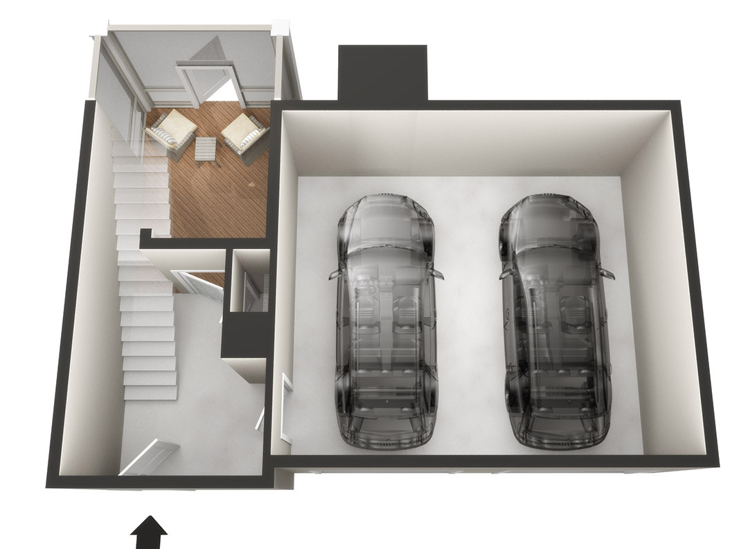 3D graphic illustration of a 2 car garage